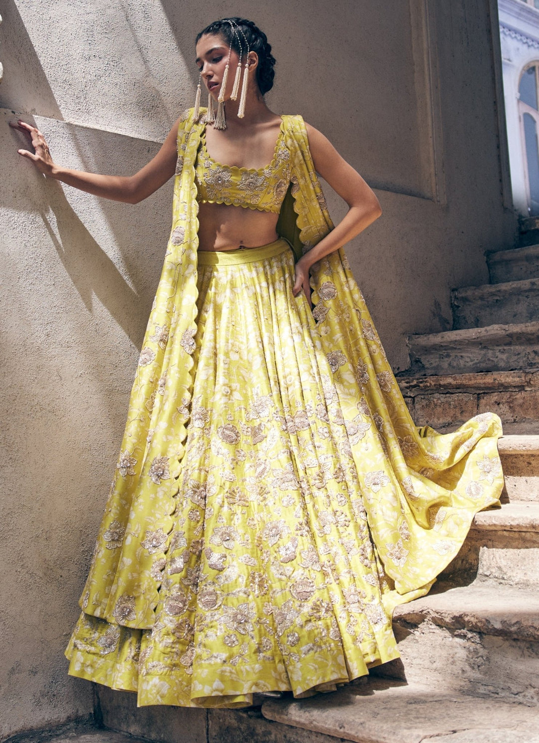 Lime Yellow Embroidered Raw Silk Lehenga Jacket Set Paulmi and Harsh - Fabilicious Fashion