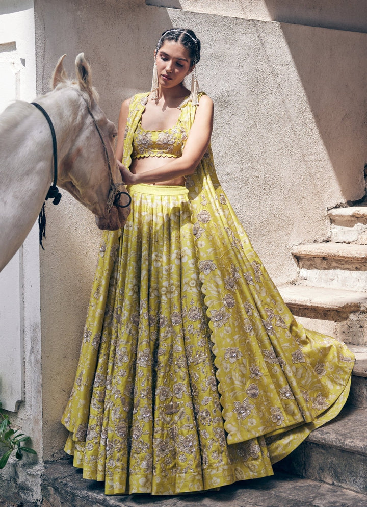 Lime Yellow Embroidered Raw Silk Lehenga Jacket Set Paulmi and Harsh - Fabilicious Fashion
