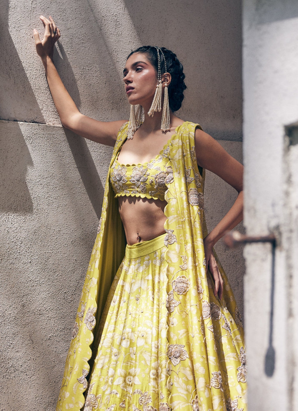 Lime Yellow Embroidered Raw Silk Lehenga Jacket Set Paulmi and Harsh - Fabilicious Fashion
