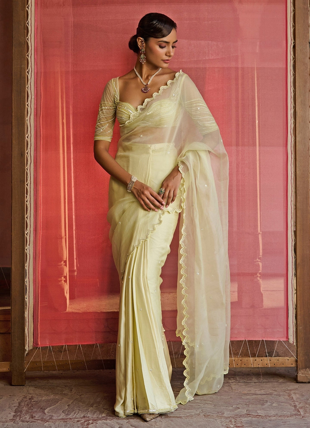 Lime Yellow Embroidered Satin Pre - Draped Saree Zoon Tribe - Fabilicious Fashion