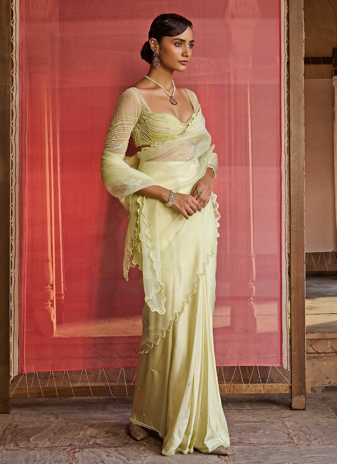 Lime Yellow Embroidered Satin Pre - Draped Saree Zoon Tribe - Fabilicious Fashion