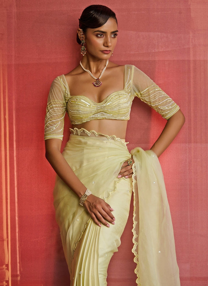 Lime Yellow Embroidered Satin Pre - Draped Saree Zoon Tribe - Fabilicious Fashion