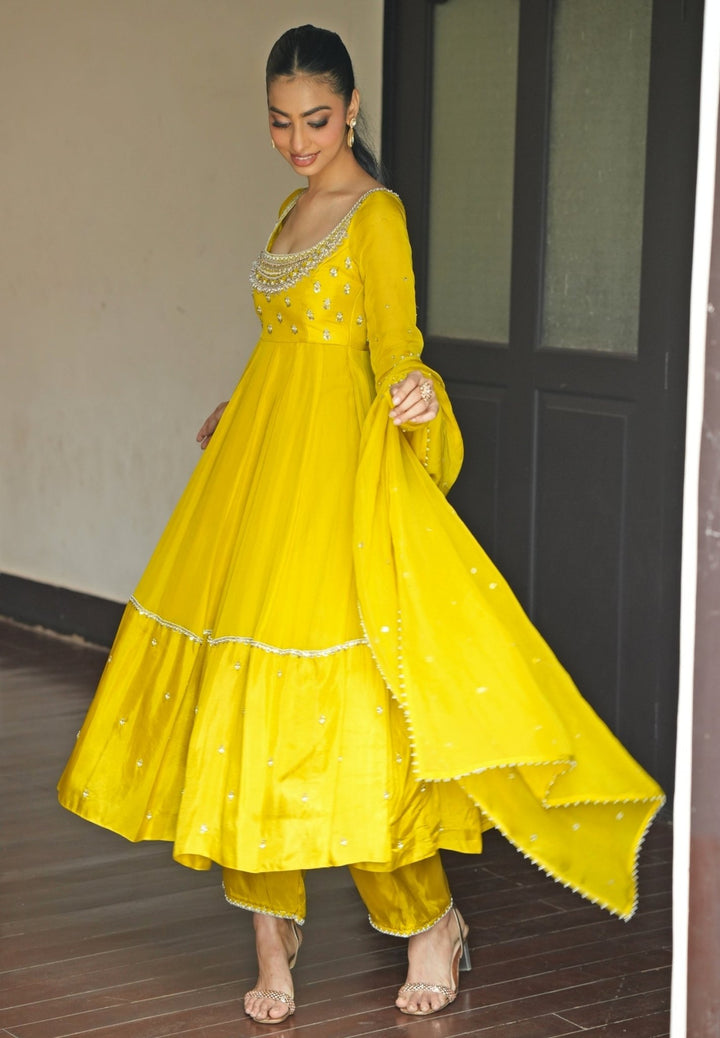 Lime Yellow Embroidered Silk Anarkali Set Enamour by Radha - Fabilicious Fashion