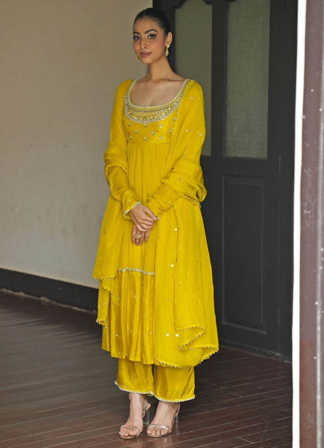 Lime Yellow Embroidered Silk Anarkali Set Enamour by Radha - Fabilicious Fashion
