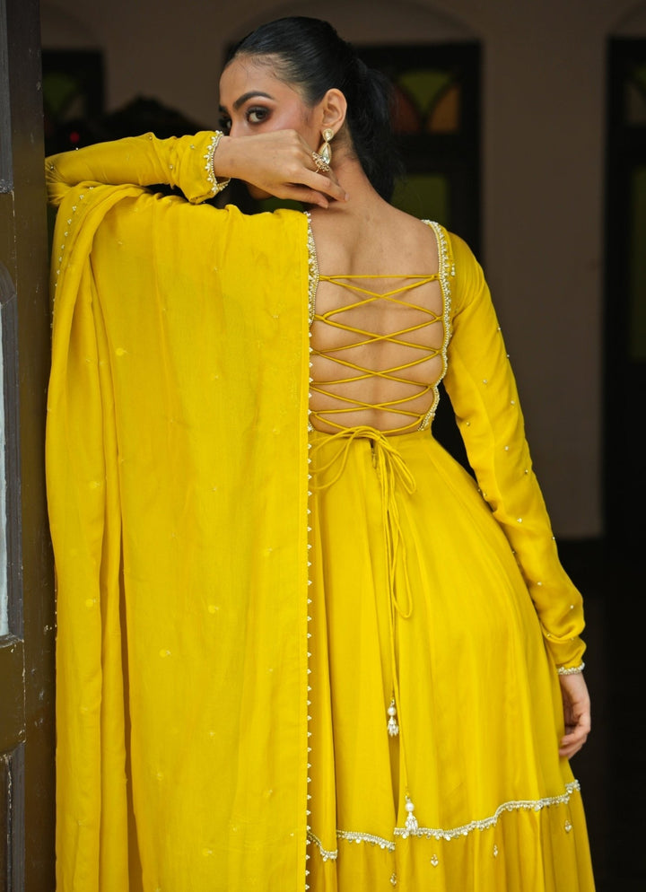 Lime Yellow Embroidered Silk Anarkali Set Enamour by Radha - Fabilicious Fashion
