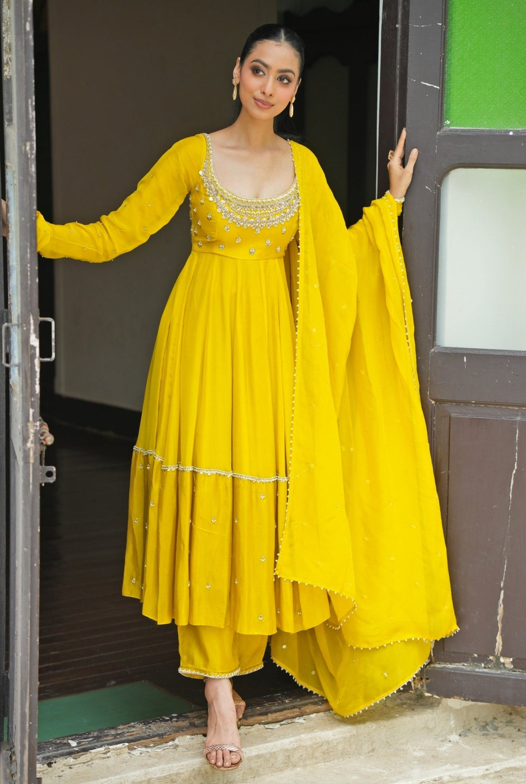 Lime Yellow Embroidered Silk Anarkali Set Enamour by Radha - Fabilicious Fashion