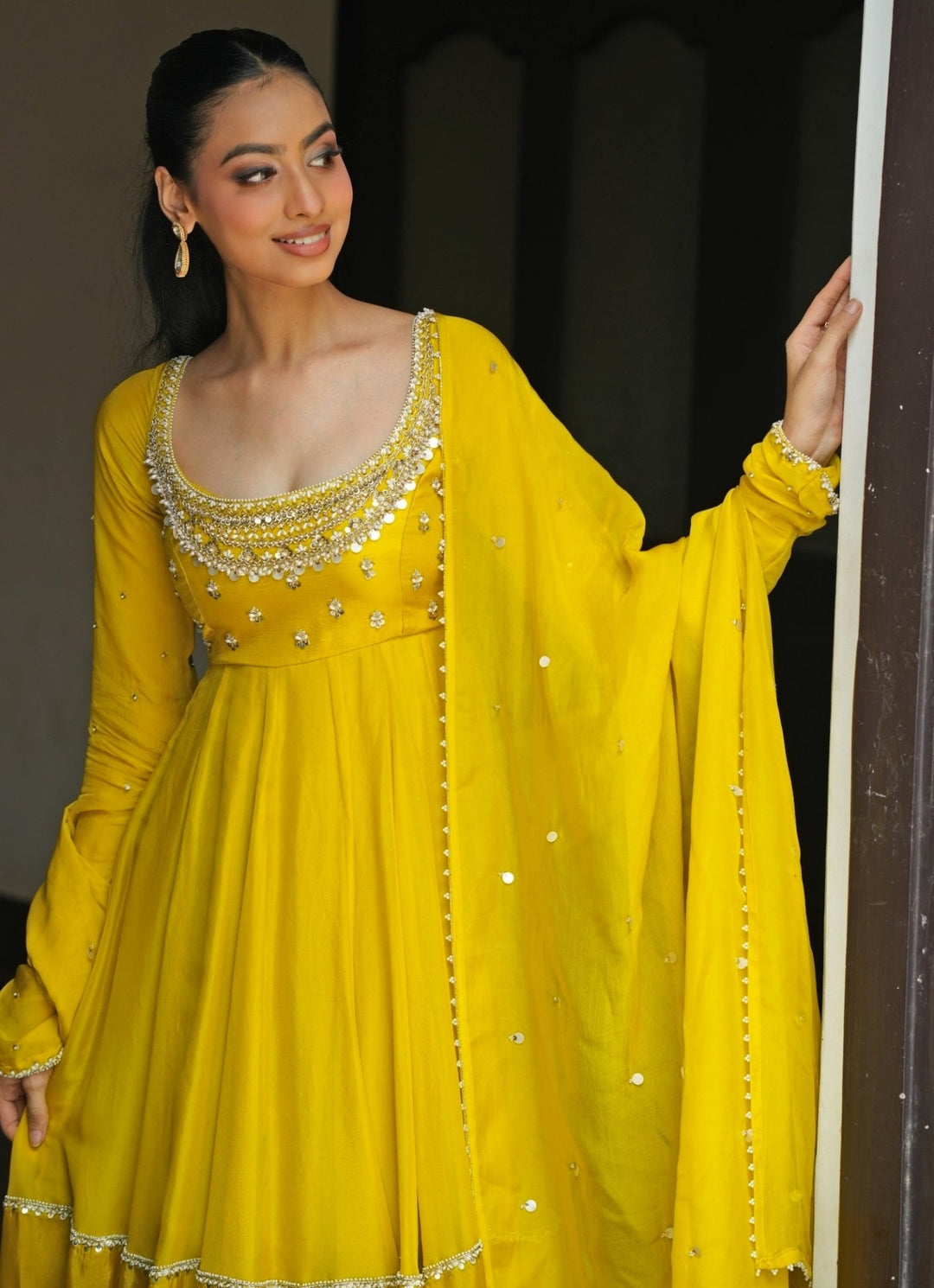 Lime Yellow Embroidered Silk Anarkali Set Enamour by Radha - Fabilicious Fashion