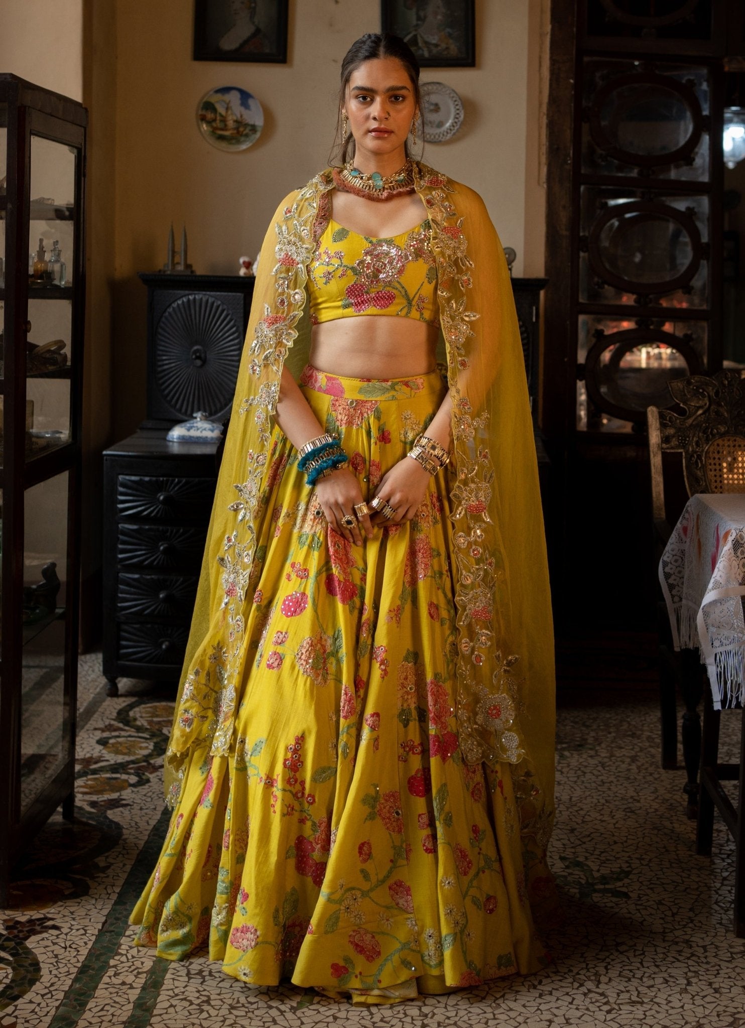 Lime yellow embroidered silk lehenga for haldi by Paulmi and Harsh