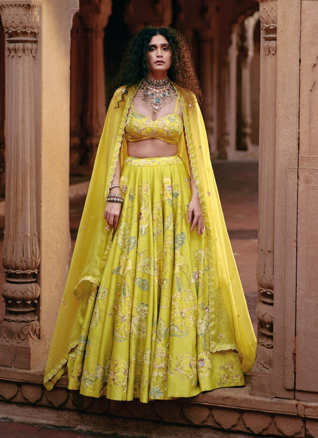 Lime Yellow Embroidered Silk Lehenga Set Paulmi and Harsh - Fabilicious Fashion