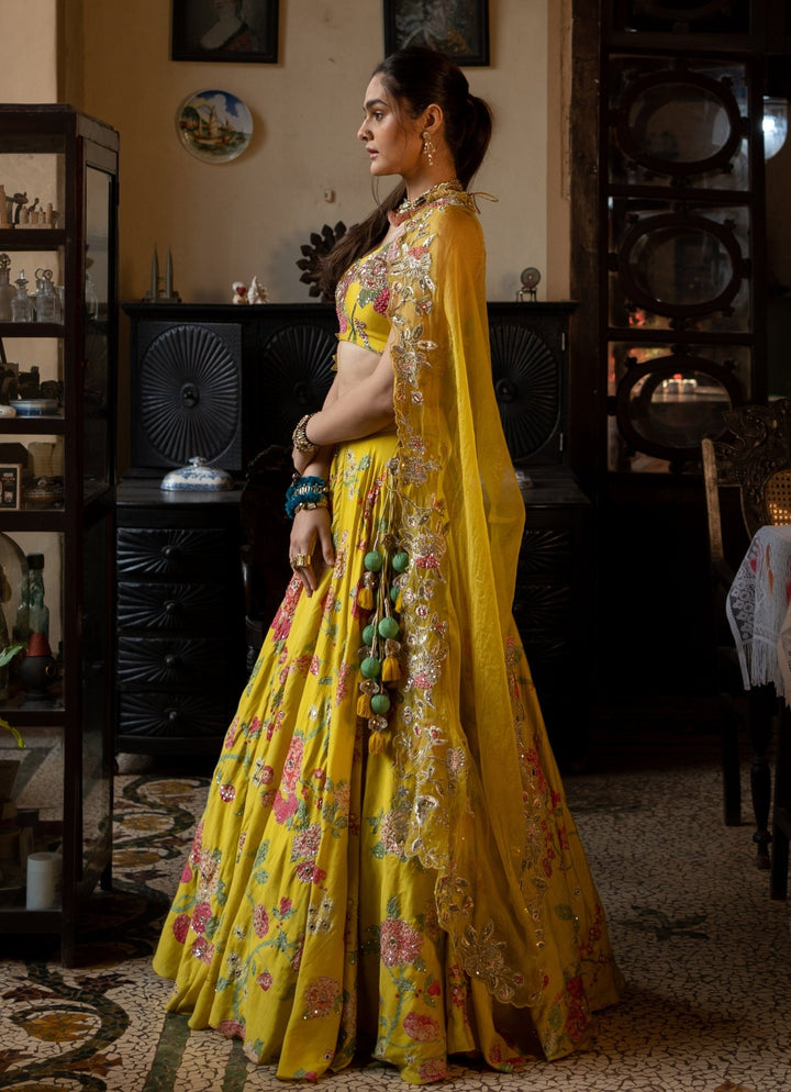 Lime Yellow Embroidered Silk Lehenga Set Paulmi and Harsh - Fabilicious Fashion