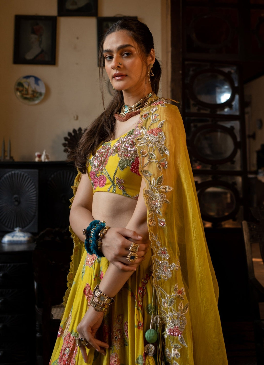 Lime Yellow Embroidered Silk Lehenga Set Paulmi and Harsh - Fabilicious Fashion