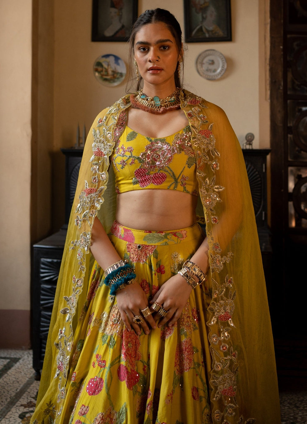 Lime Yellow Embroidered Silk Lehenga Set Paulmi and Harsh - Fabilicious Fashion
