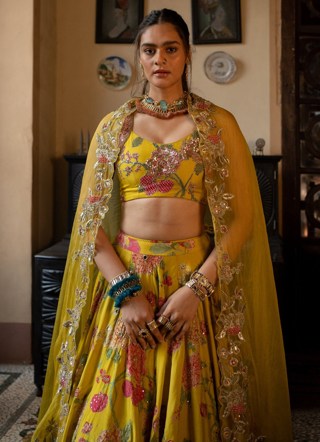 Lime Yellow Embroidered Silk Lehenga Set Paulmi and Harsh - Fabilicious Fashion