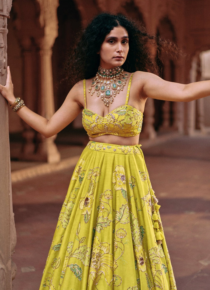 Lime Yellow Embroidered Silk Lehenga Set Paulmi and Harsh - Fabilicious Fashion