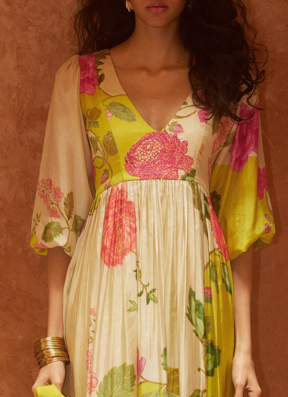 Lime Yellow Floral Silk Dress Paulmi and Harsh - Fabilicious Fashion