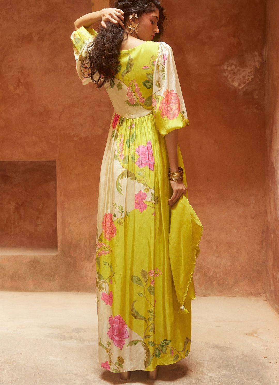 Lime Yellow Floral Silk Dress Paulmi and Harsh - Fabilicious Fashion