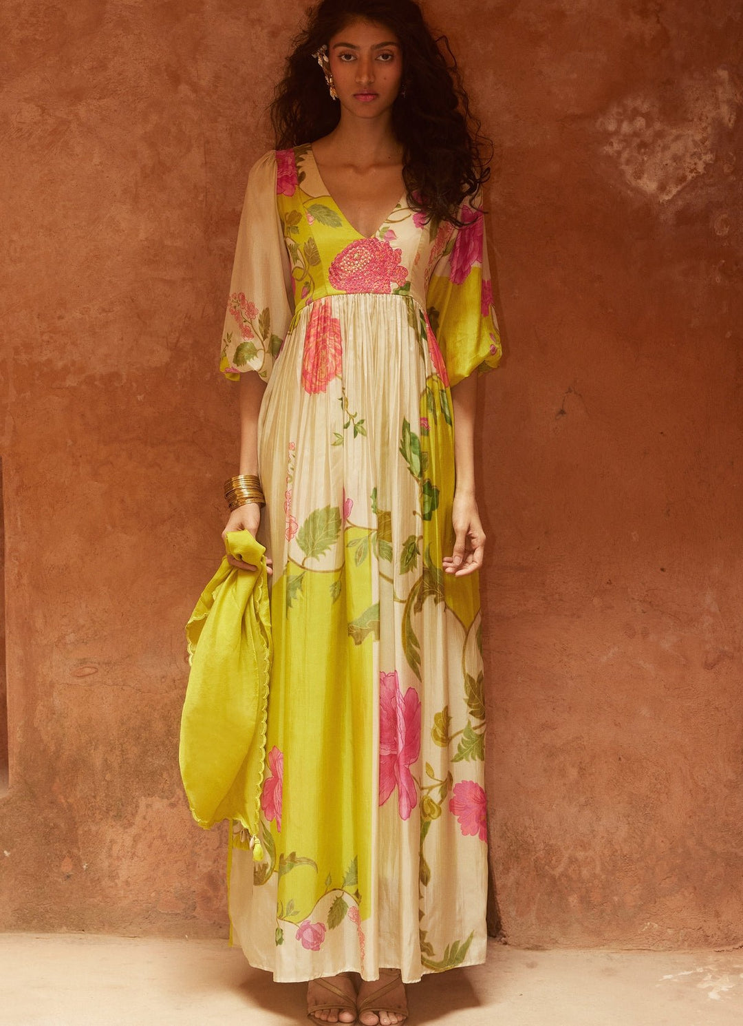 Lime Yellow Floral Silk Dress Paulmi and Harsh - Fabilicious Fashion