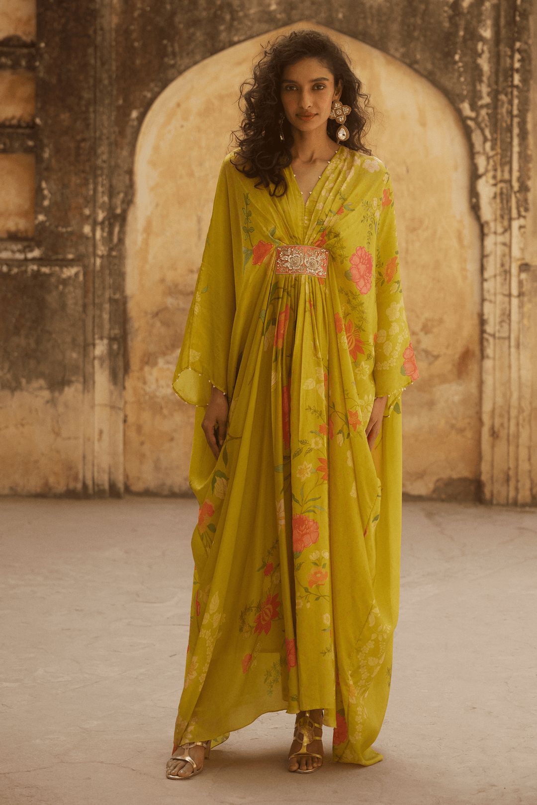Lime Yellow Floral Silk Kaftan Paulmi and Harsh - Fabilicious Fashion