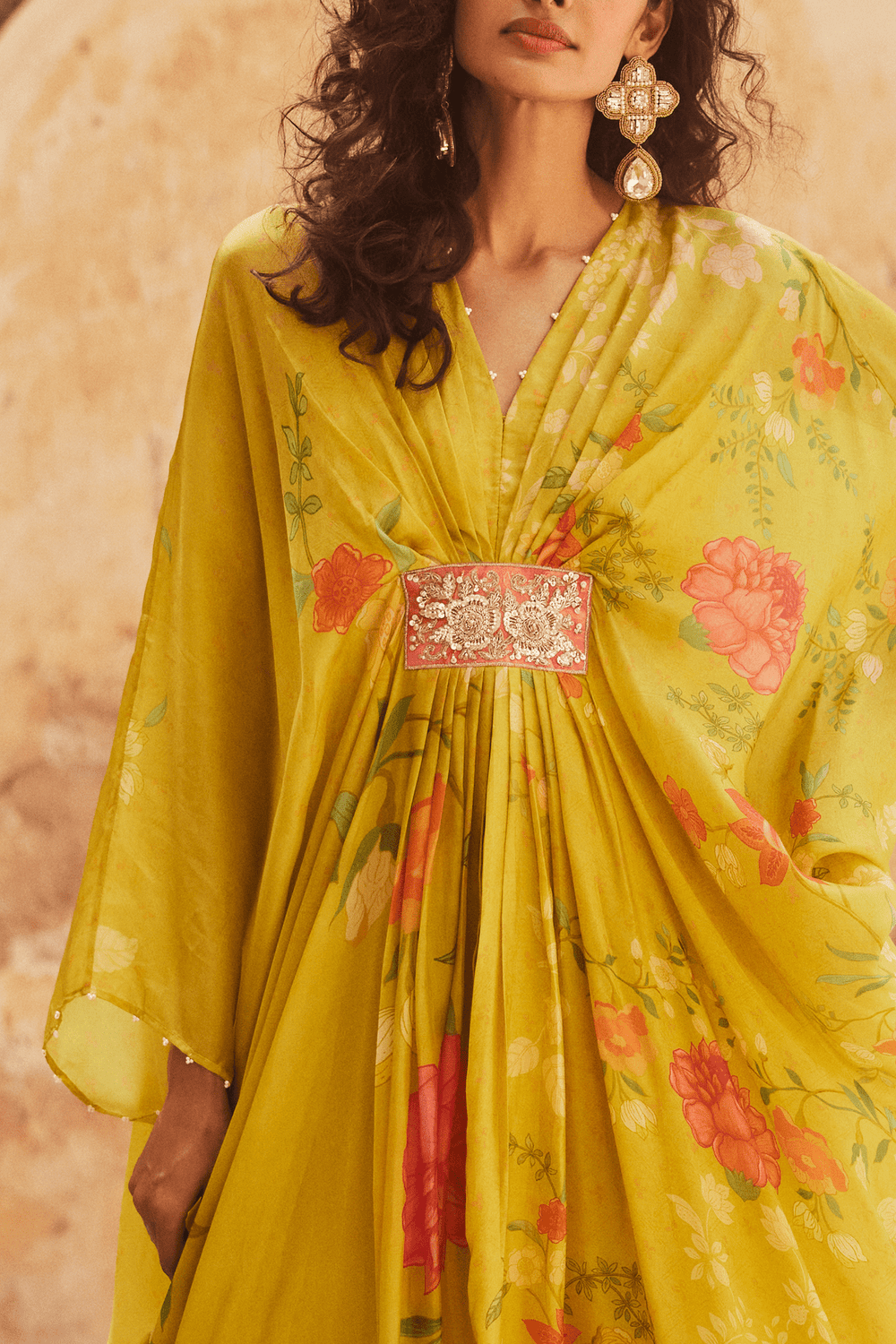 Lime Yellow Floral Silk Kaftan Paulmi and Harsh - Fabilicious Fashion