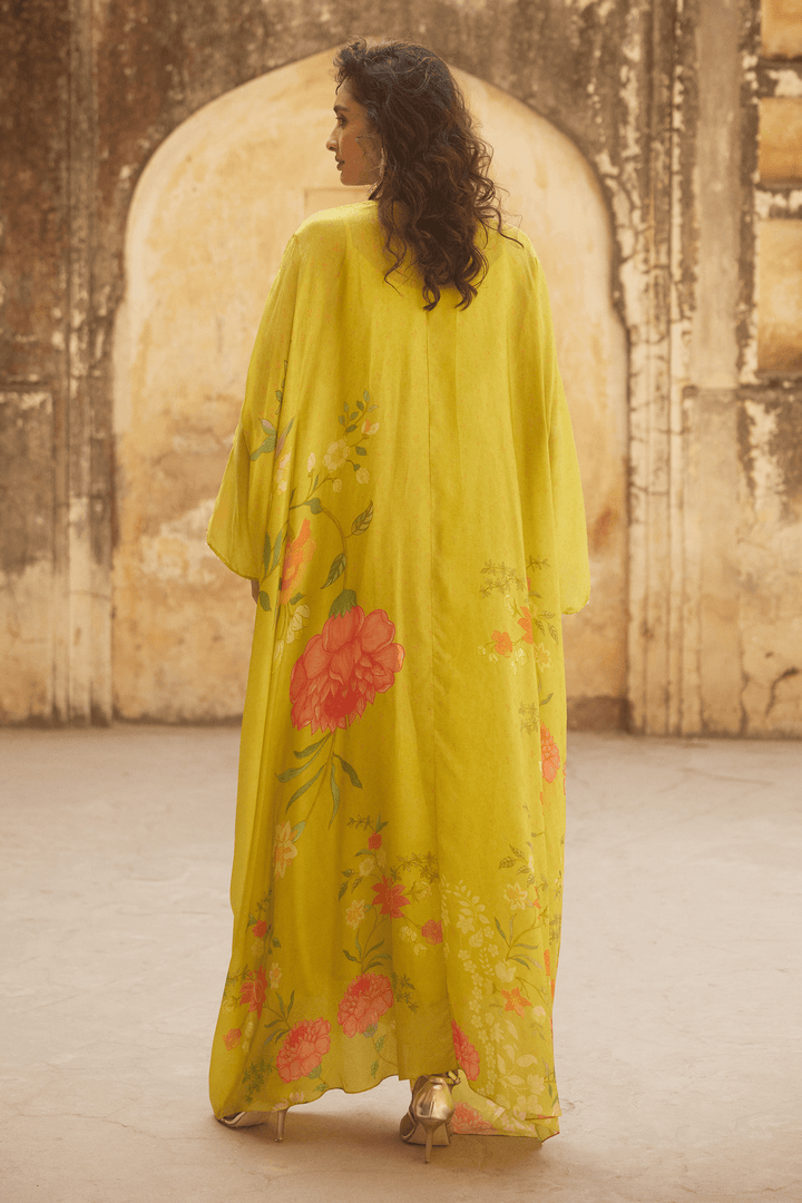 Lime Yellow Floral Silk Kaftan Paulmi and Harsh - Fabilicious Fashion