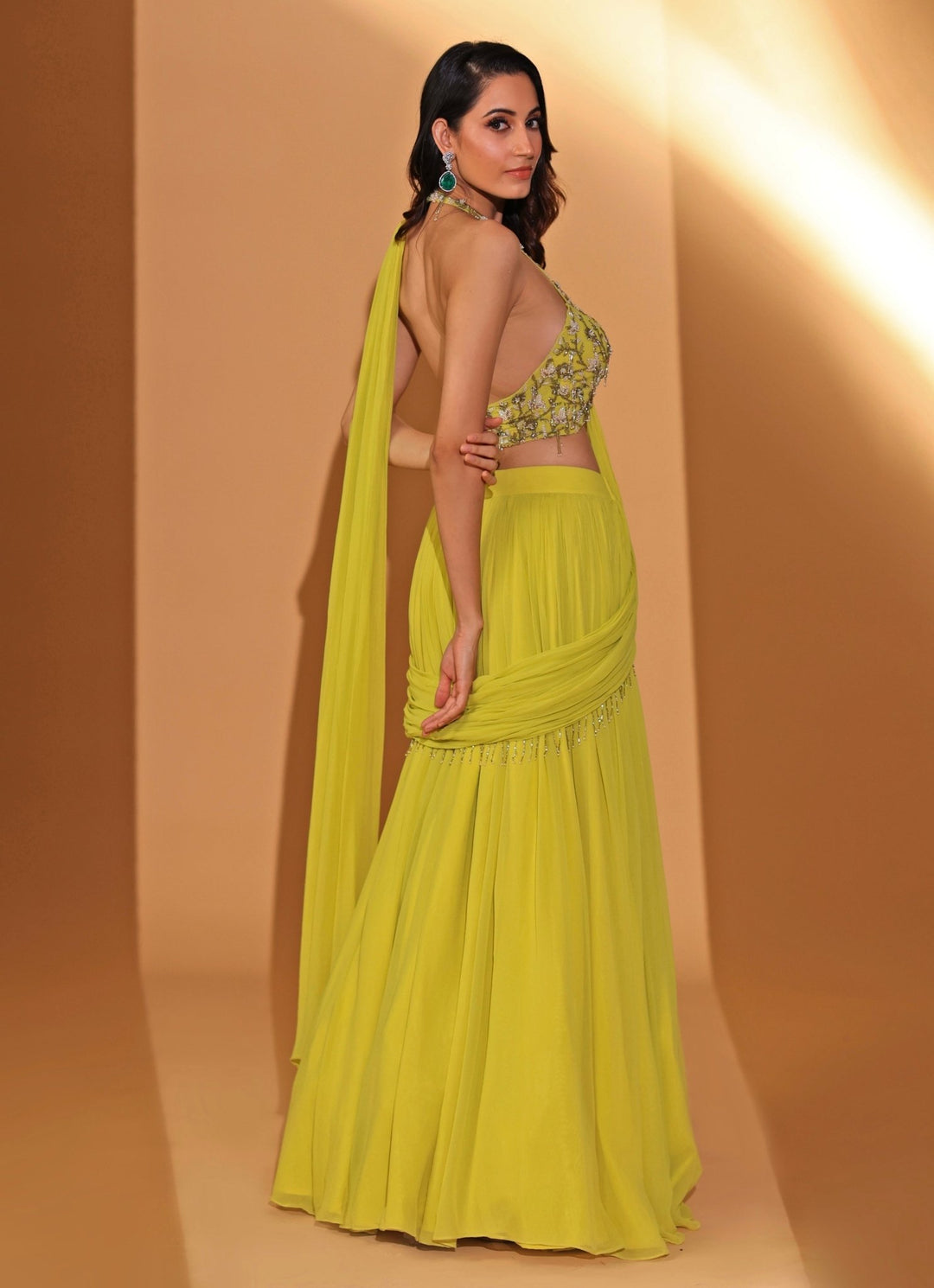 Lime Yellow Georgette Lehenga Saree With Halter Blouse Kiyohra - Fabilicious Fashion