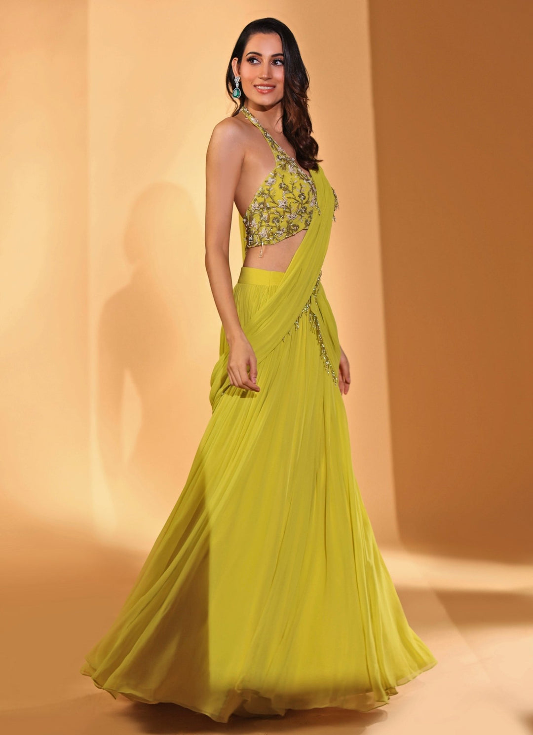 Lime Yellow Georgette Lehenga Saree With Halter Blouse Kiyohra - Fabilicious Fashion