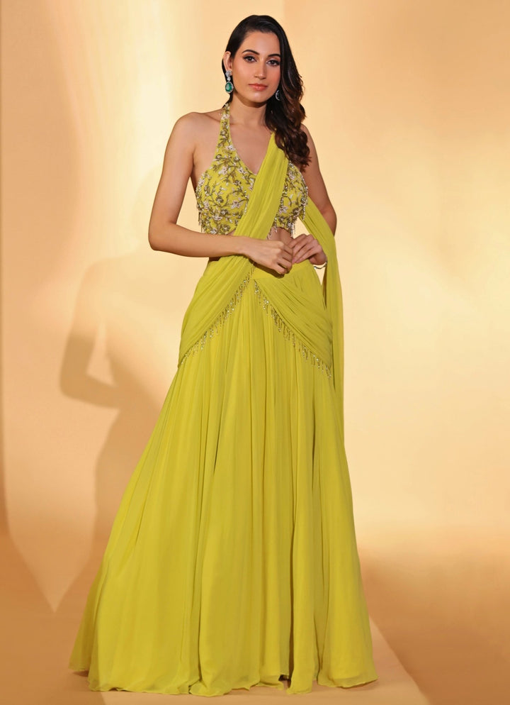 Lime Yellow Georgette Lehenga Saree With Halter Blouse Kiyohra - Fabilicious Fashion