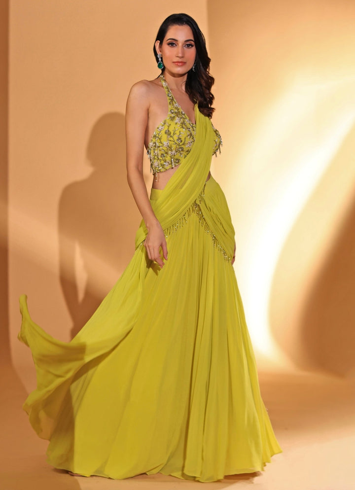 Lime Yellow Georgette Lehenga Saree With Halter Blouse Kiyohra - Fabilicious Fashion