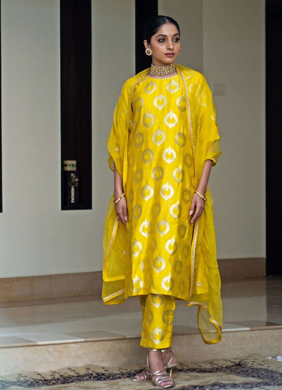 Lime Yellow Handwoven Butti Silk Kurta Pant Set Sobariko - Fabilicious Fashion