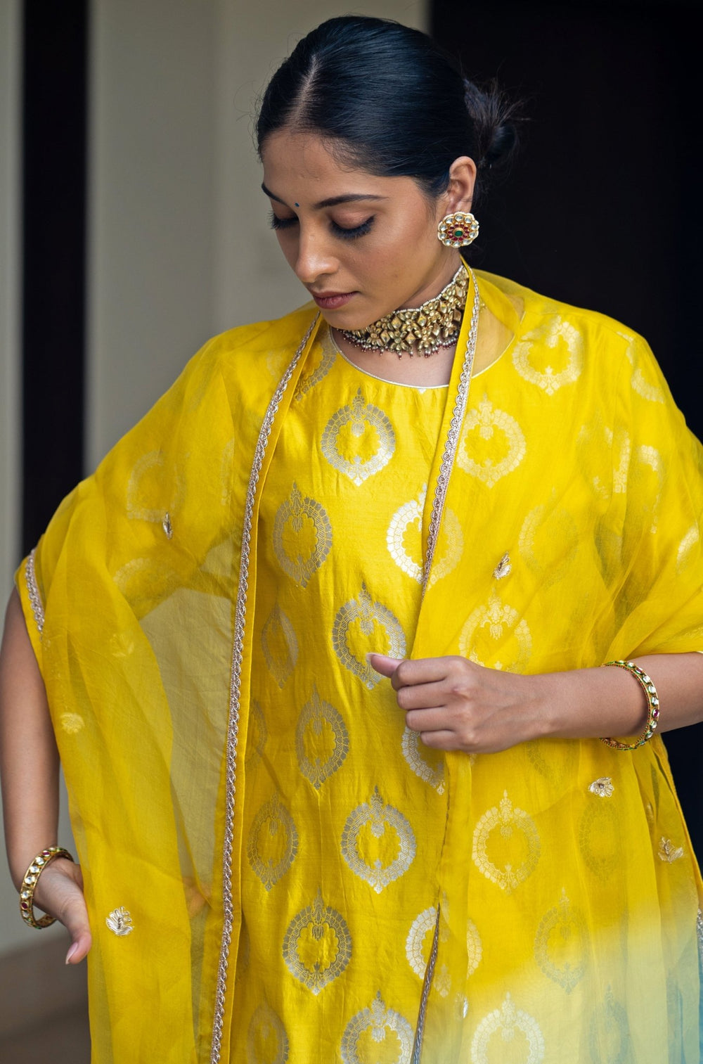 Lime Yellow Handwoven Butti Silk Kurta Pant Set Sobariko - Fabilicious Fashion