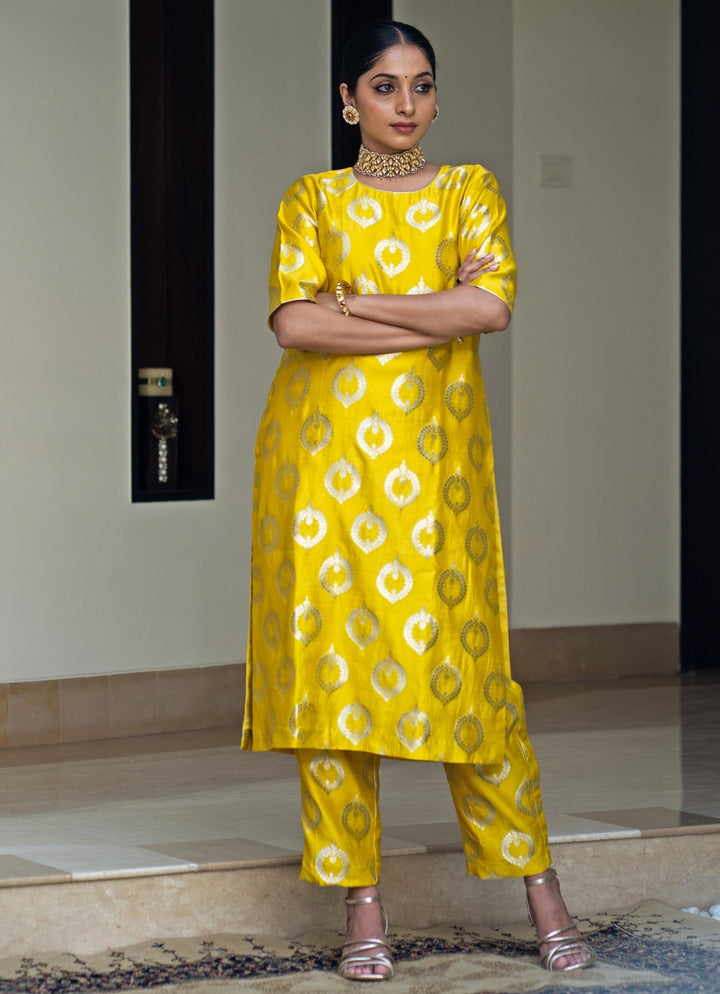 Lime Yellow Handwoven Butti Silk Kurta Pant Set Sobariko - Fabilicious Fashion