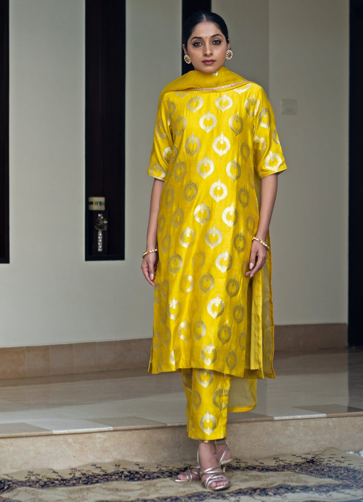 Lime Yellow Handwoven Butti Silk Kurta Pant Set Sobariko - Fabilicious Fashion