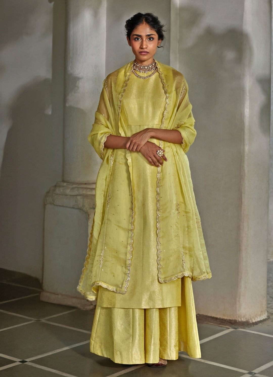 Lime Yellow Jamavar Kurta Palazzo Set Paulmi and Harsh - Fabilicious Fashion