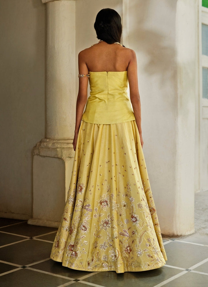 Lime Yellow Jamavar Lehenga With Corset Blouse Paulmi and Harsh - Fabilicious Fashion
