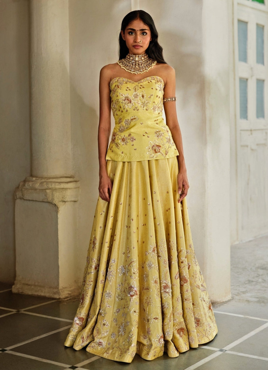 Lime Yellow Jamavar Lehenga With Corset Blouse Paulmi and Harsh - Fabilicious Fashion