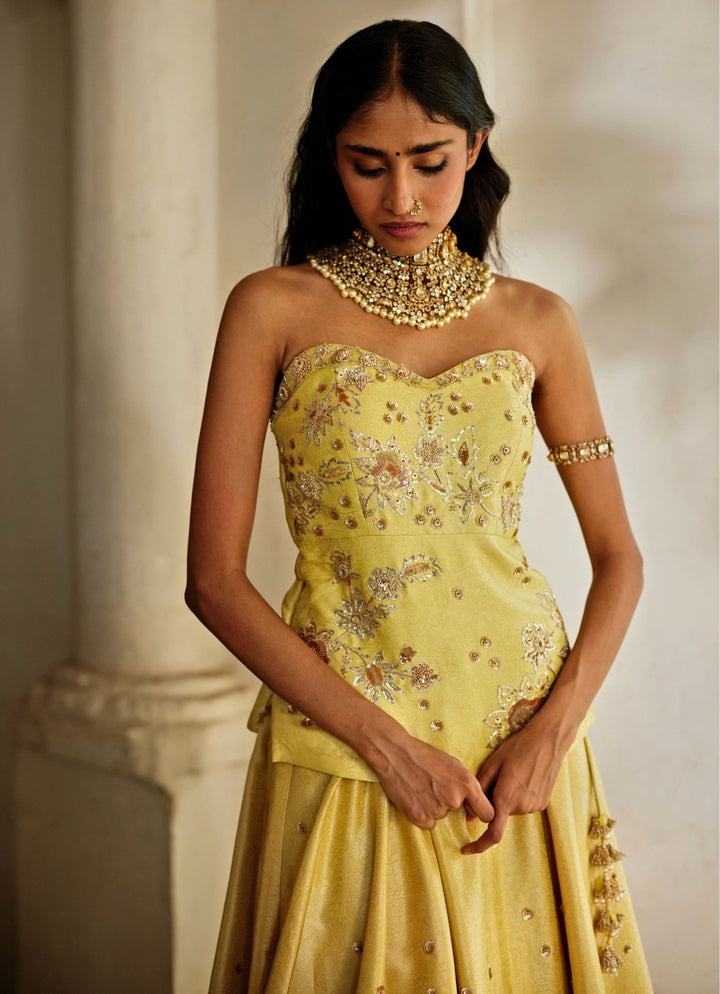 Lime Yellow Jamavar Lehenga With Corset Blouse Paulmi and Harsh - Fabilicious Fashion