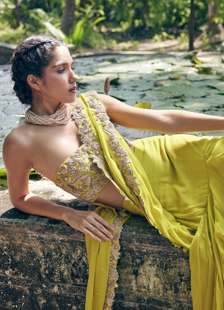 Lime Yellow Pre Draped Georgette Saree With Corset Paulmi and Harsh - Fabilicious Fashion