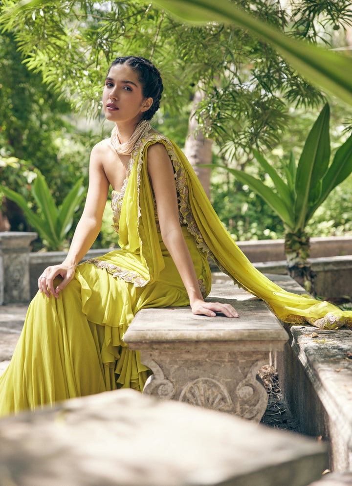 Lime Yellow Pre Draped Georgette Saree With Corset Paulmi and Harsh - Fabilicious Fashion