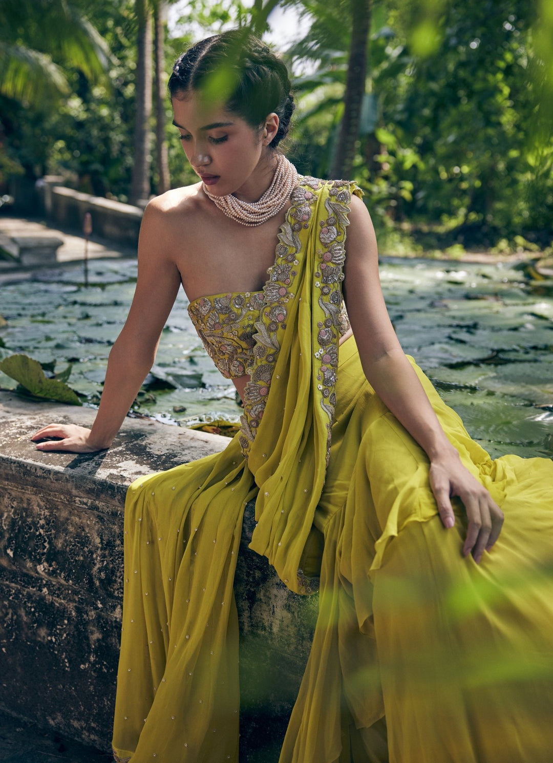 Lime Yellow Pre Draped Georgette Saree With Corset Paulmi and Harsh - Fabilicious Fashion