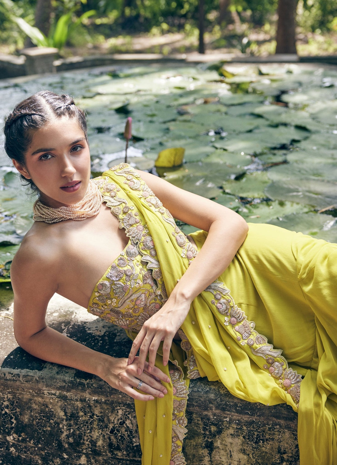 Lime Yellow Pre Draped Georgette Saree With Corset Paulmi and Harsh - Fabilicious Fashion