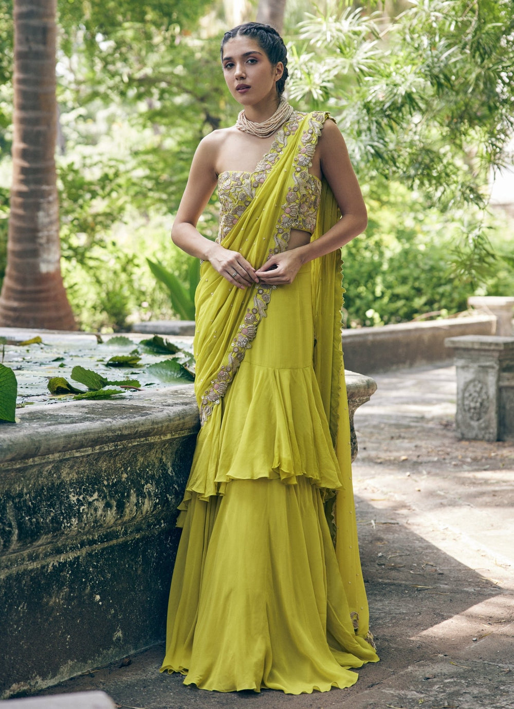 Lime Yellow Pre Draped Georgette Saree With Corset Paulmi and Harsh - Fabilicious Fashion