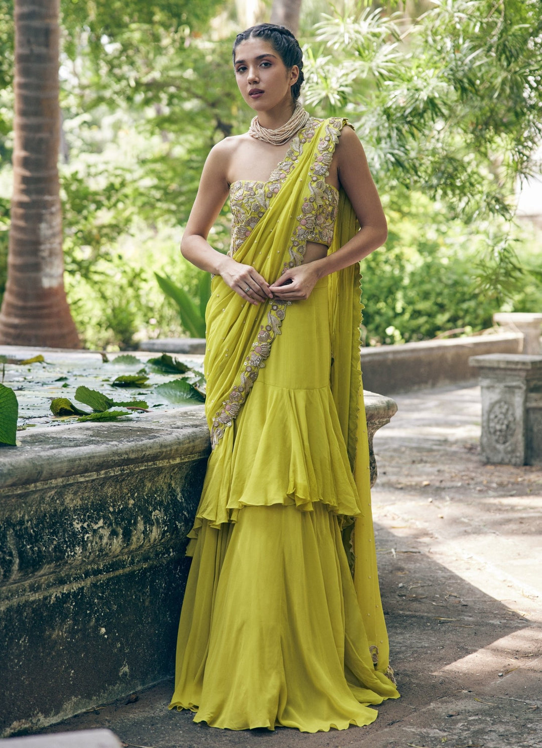Lime Yellow Pre Draped Georgette Saree With Corset Paulmi and Harsh - Fabilicious Fashion