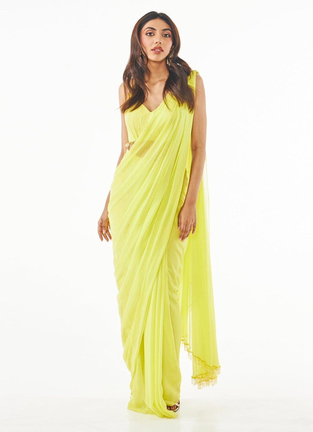 Lime Yellow Pre Draped Pure Georgette Saree Set Ankita Bajaj Label - Fabilicious Fashion