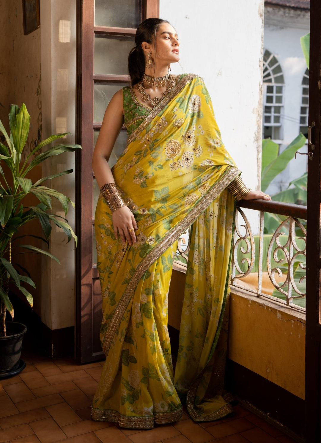 Lime Yellow Predraped Crepe Saree Paulmi and Harsh - Fabilicious Fashion