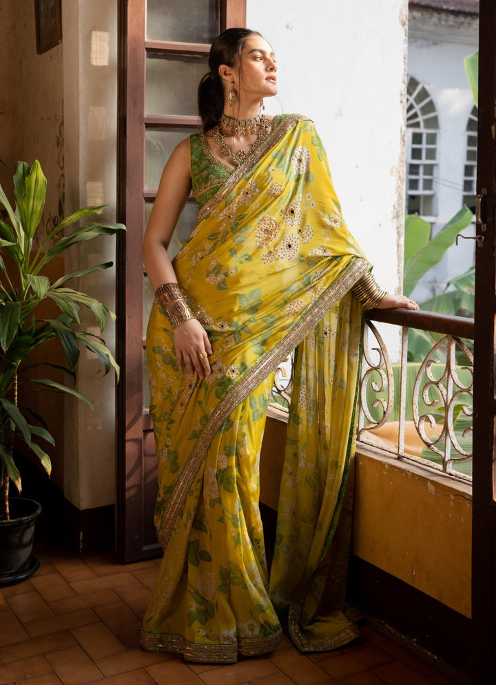 Lime Yellow Predraped Crepe Saree Paulmi and Harsh - Fabilicious Fashion