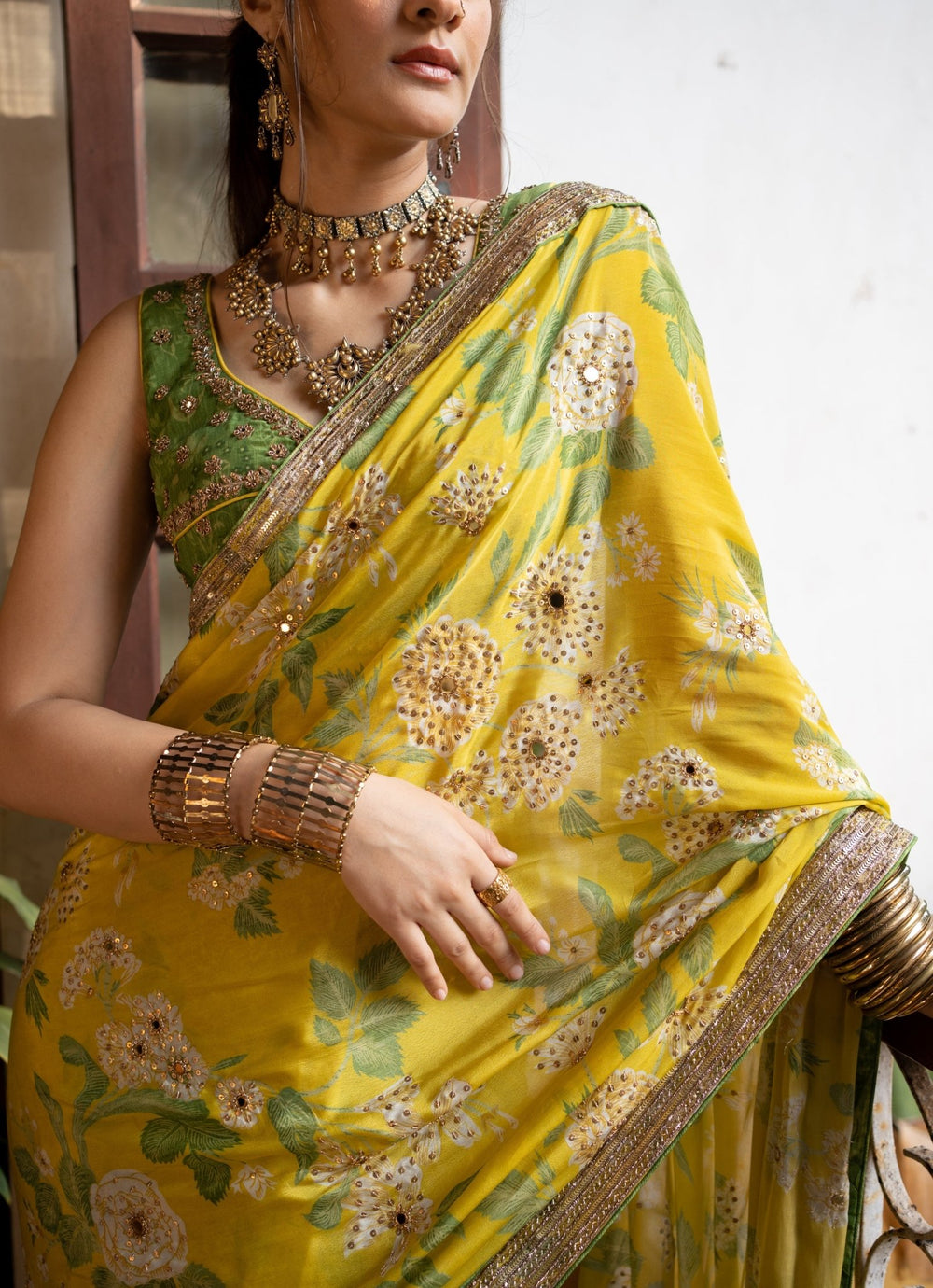 Lime Yellow Predraped Crepe Saree Paulmi and Harsh - Fabilicious Fashion