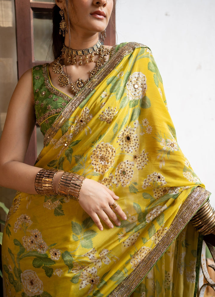 Lime Yellow Predraped Crepe Saree Paulmi and Harsh - Fabilicious Fashion