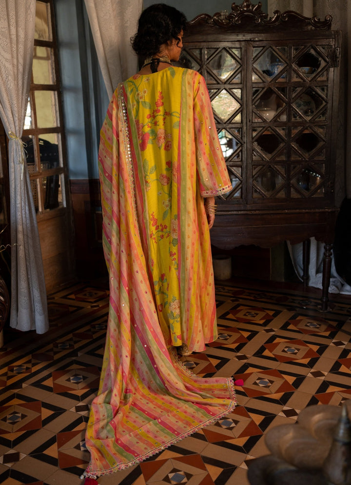 Lime Yellow Printed Chanderi Kurta Pants Set Paulmi and Harsh - Fabilicious Fashion