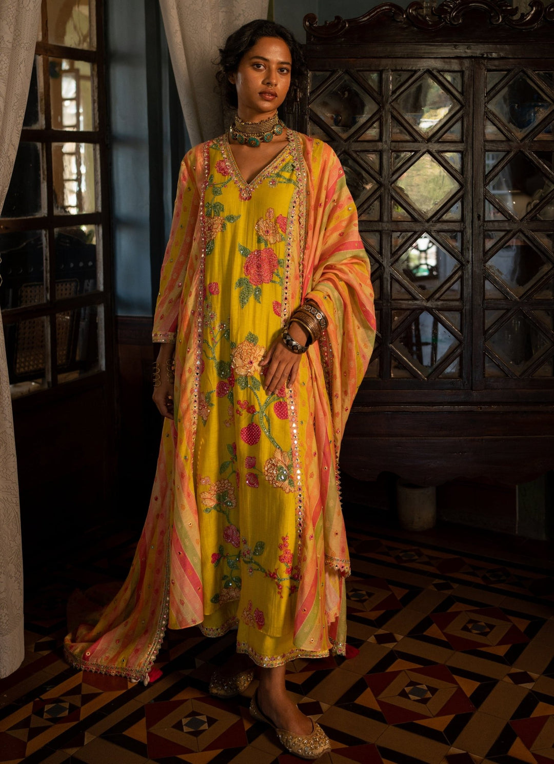 Lime Yellow Printed Chanderi Kurta Pants Set Paulmi and Harsh - Fabilicious Fashion