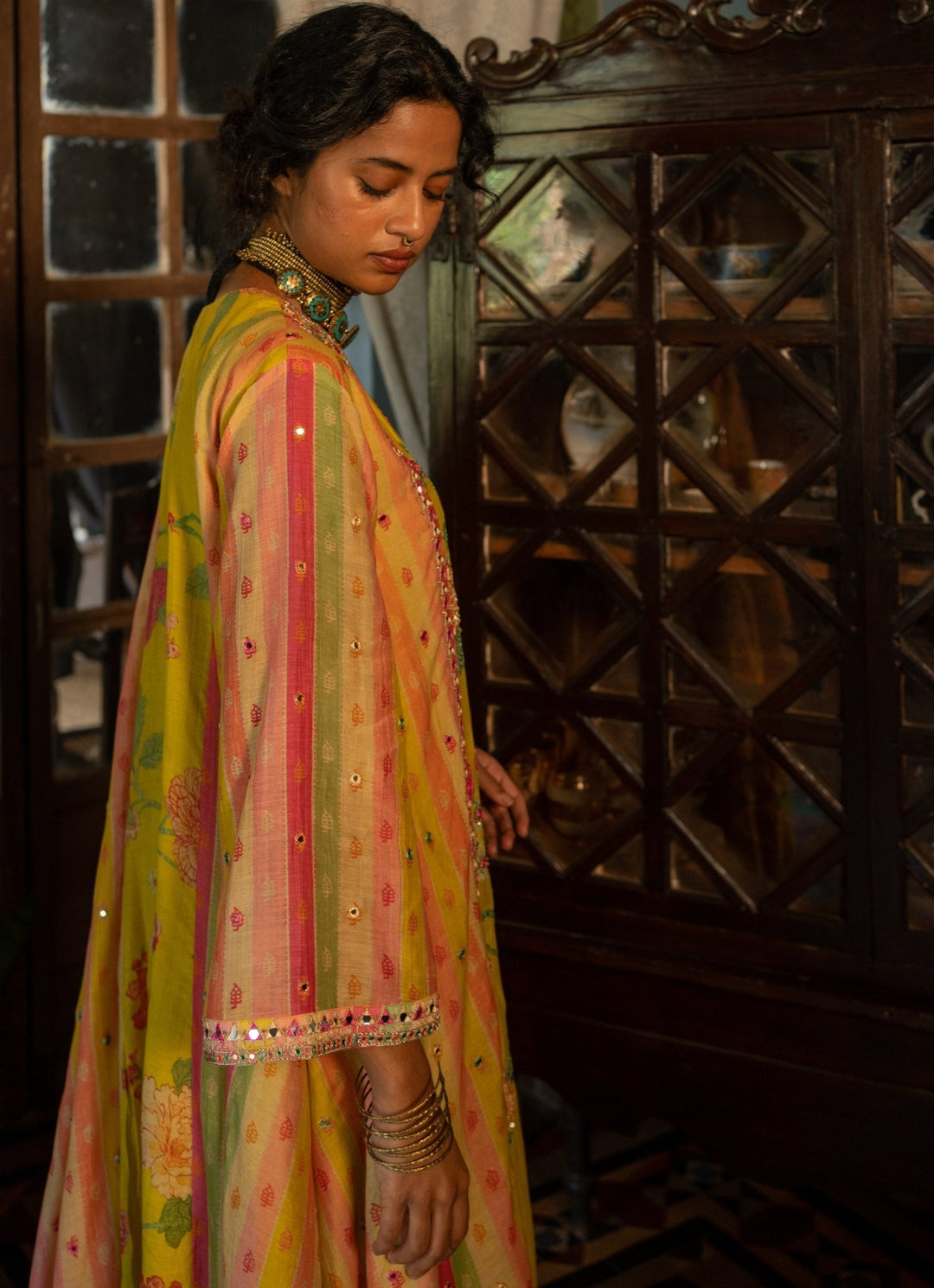 Lime Yellow Printed Chanderi Kurta Pants Set Paulmi and Harsh - Fabilicious Fashion